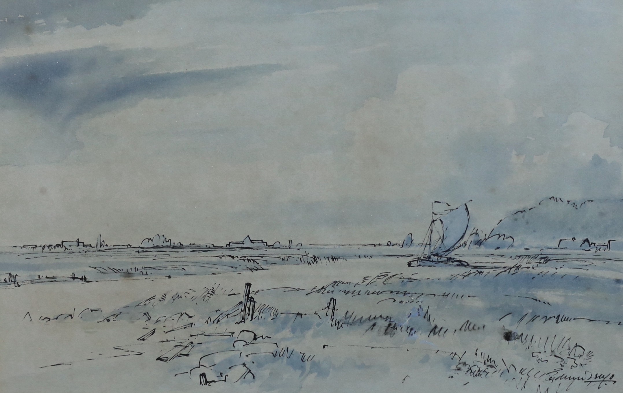 Edward Brian Seago R.B.A, R.S.W.A (British, 1910-1974), Norfolk landscape with sail barge, ink and watercolour on paper, 26 x 40cm
